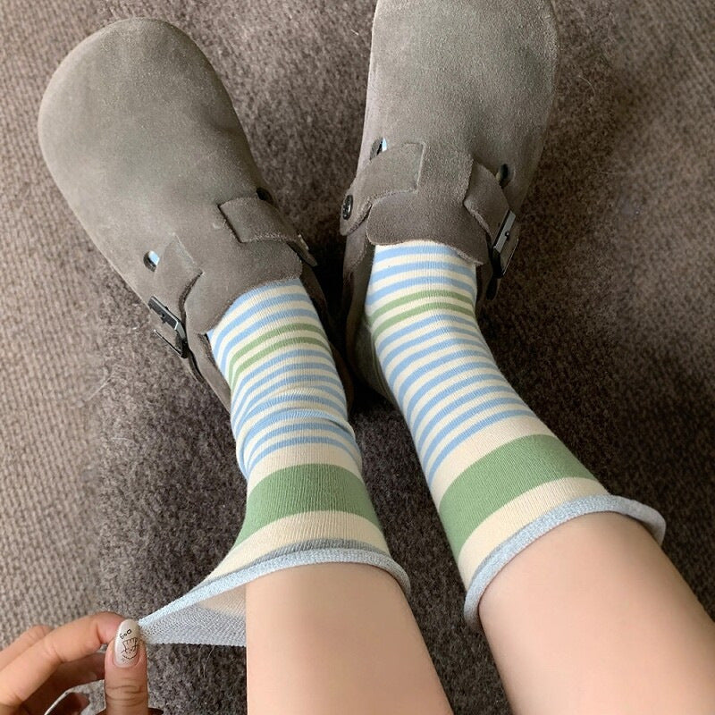 Striped Socks Women's Pure Cotton Medium Tube Spring Summer Color Matching New Thin Hemming College Wind Stacking Socks