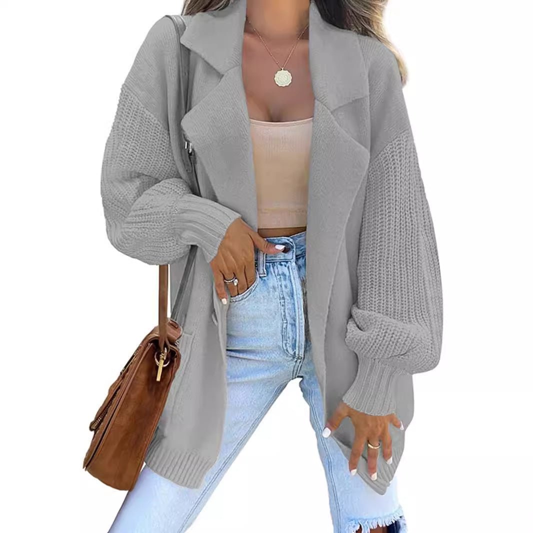 New Sweater Cardigan Solid Color Suit Collar Long Sleeve Knitted Jacket Winter Fashion Sweater