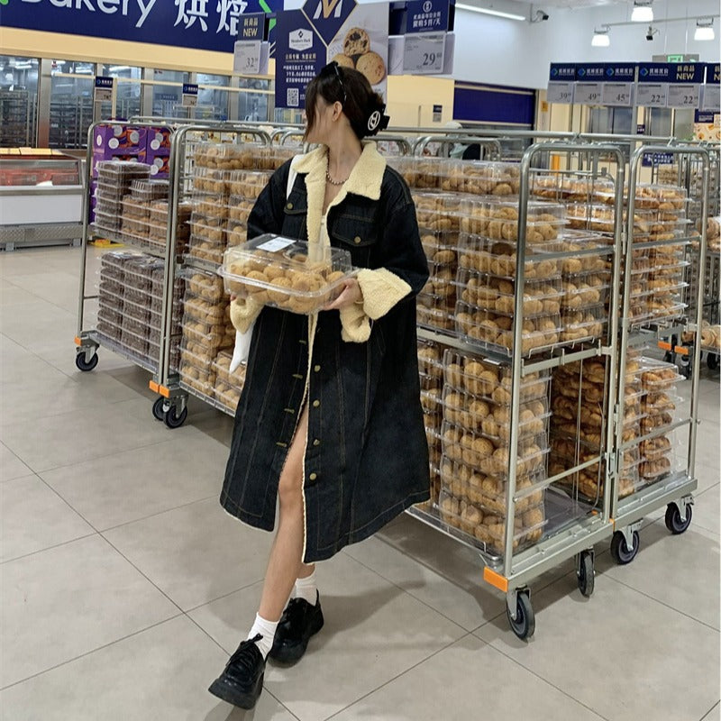 Internet Celebrity Lamb Wool Denim Jacket Loose Fit Thick Warm Street Style Cotton Clothes Trendy Medium Size
