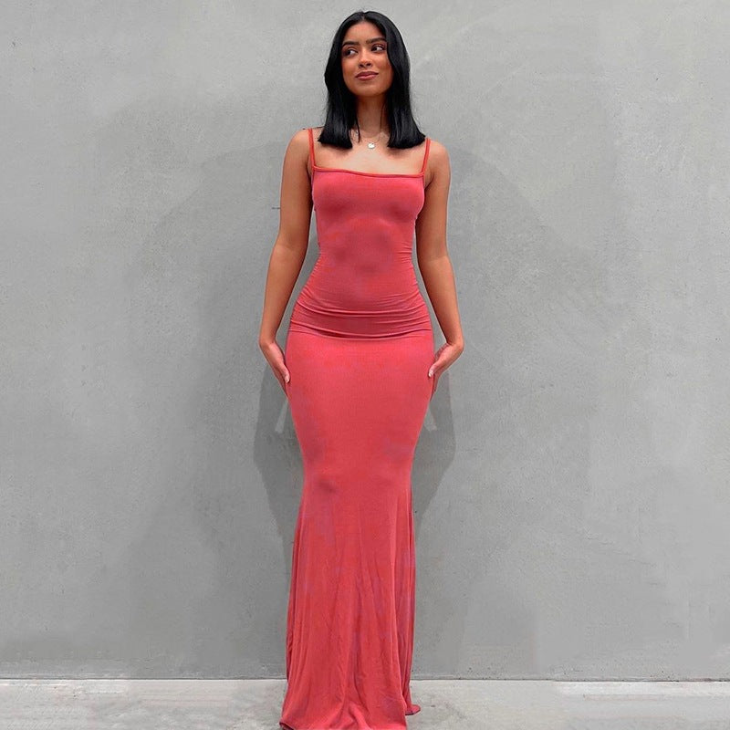 2025 Solid Color Women's Dress Slim Peach Hip Suspender Long Fishtail Skirt