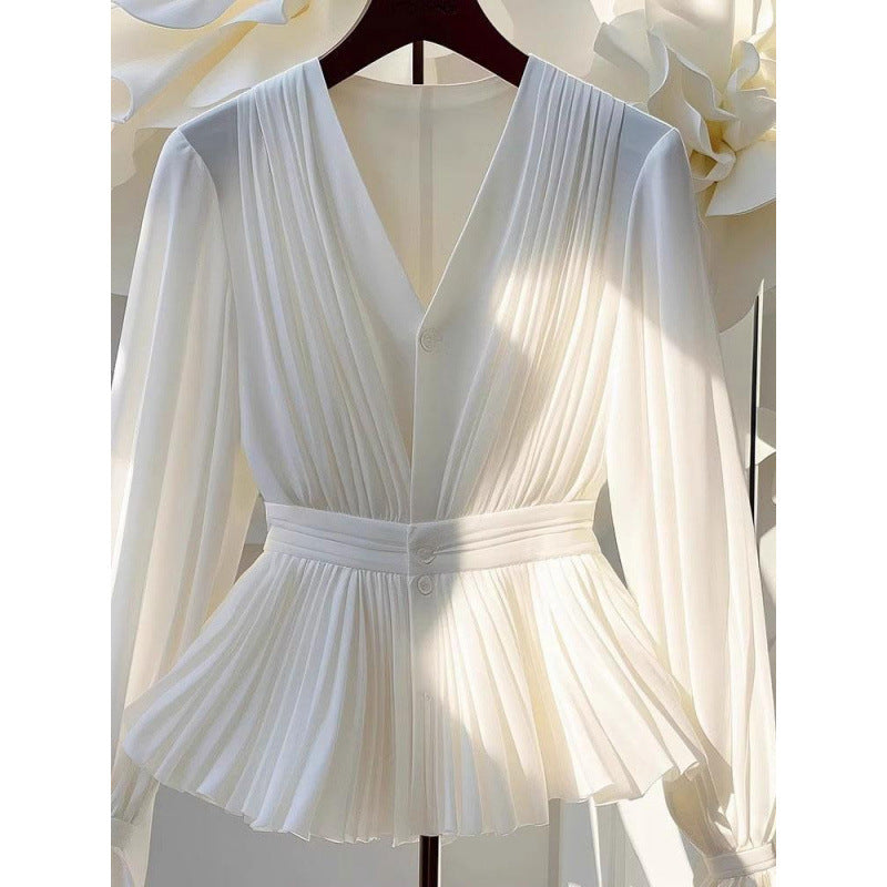 Early autumn new temperament V-neck long-sleeved top light mature French niche unique beautiful shirt light luxury white shirt