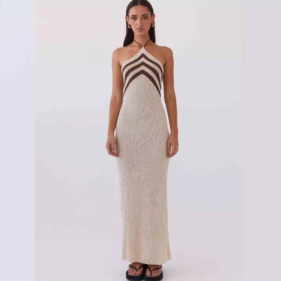 New Women's Clothing Fashionable and Sexy Suspender Backless Striped Color Matching Slim-fitting Hip-wrapped Dress
