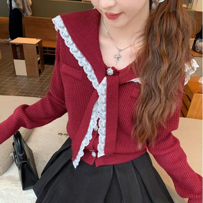 Solid Color Lace Edge Knitted Cardigan Women's Spring New Lace-up Lapel Splicing Top Women