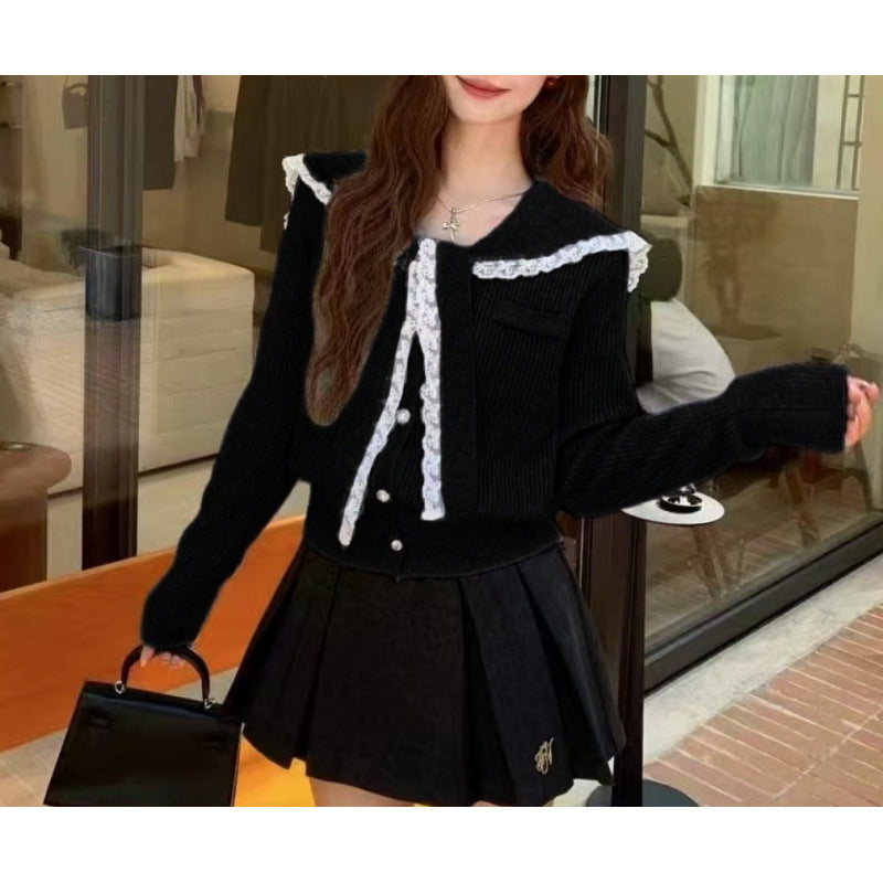 Solid Color Lace Edge Knitted Cardigan Women's Spring New Lace-up Lapel Splicing Top Women