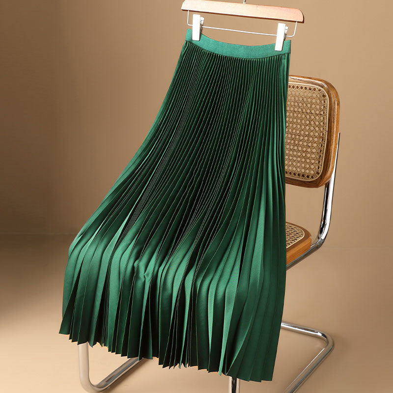 Solid Color Premium Satin Pleated Skirt Large Size Versatile Skirt