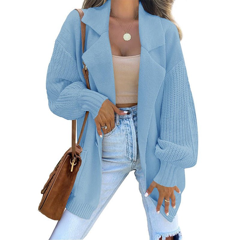 New Sweater Cardigan Solid Color Suit Collar Long Sleeve Knitted Jacket Winter Fashion Sweater