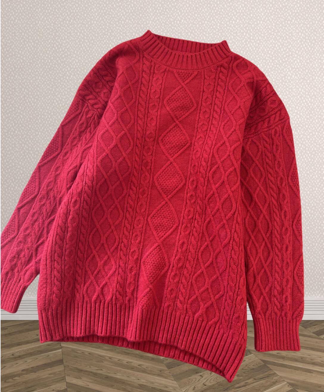 New Year's Red Twist Sweater Women's Autumn and Winter New Retro Lazy Wind Round Neck Pullover
