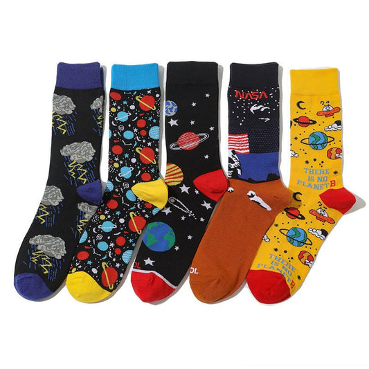 Men's Cartoon Personality Men's Socks Starry Sky Animation Design Cotton Tube Art Actress Sock-5PRS