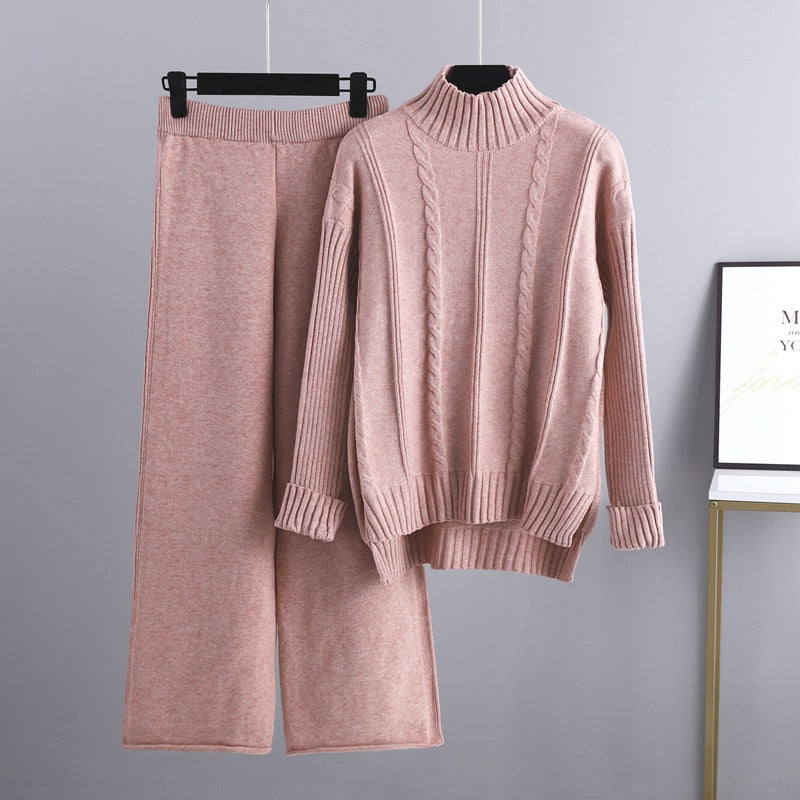High-end Semi-turtleneck Sweater Wide-leg Pants Set Women's Autumn and Winter New Fashion Age-reducing Knitted Two-piece Set