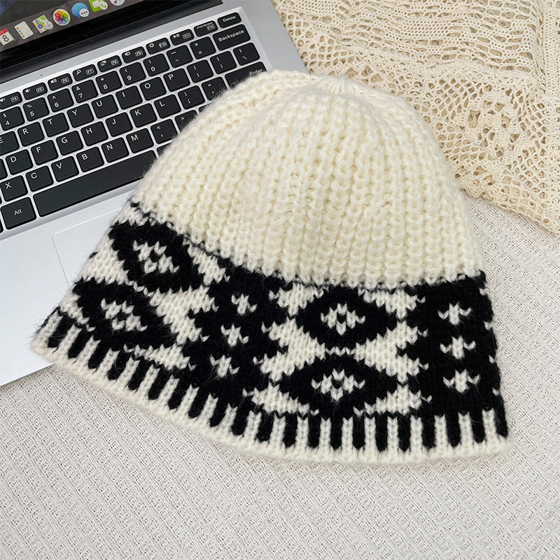 Retro Wool Hat Autumn and Winter Women's Warm Ear Protection Versatile Face Small Color Matching Warm Knitted Bucket Hat