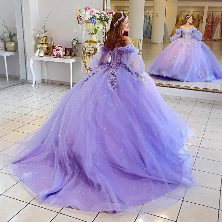 Floral One-Shoulder Tutu Dress with Bubble Sleeves - Spring Summer Elegant Party & Evening Wear