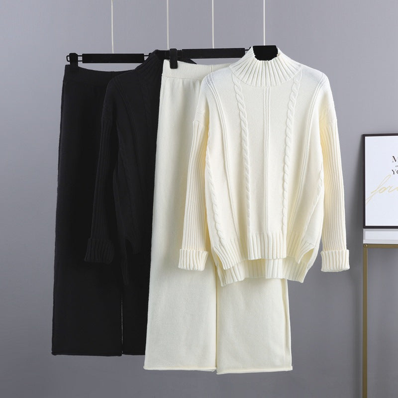 High-end Semi-turtleneck Sweater Wide-leg Pants Set Women's Autumn and Winter New Fashion Age-reducing Knitted Two-piece Set