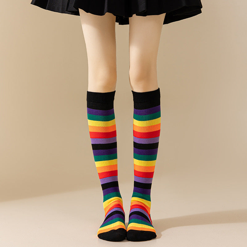 Rainbow Striped European and American Socks Women's Long Tube Party Show Halloween Cosplay Calf Socks