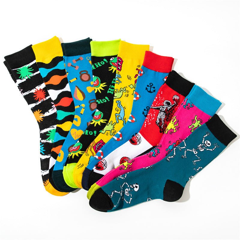 Male Medium Tube Personality Pattern Men's Animation Women's Wholesale Socks Long Tube Comic Film Socks-5PRS