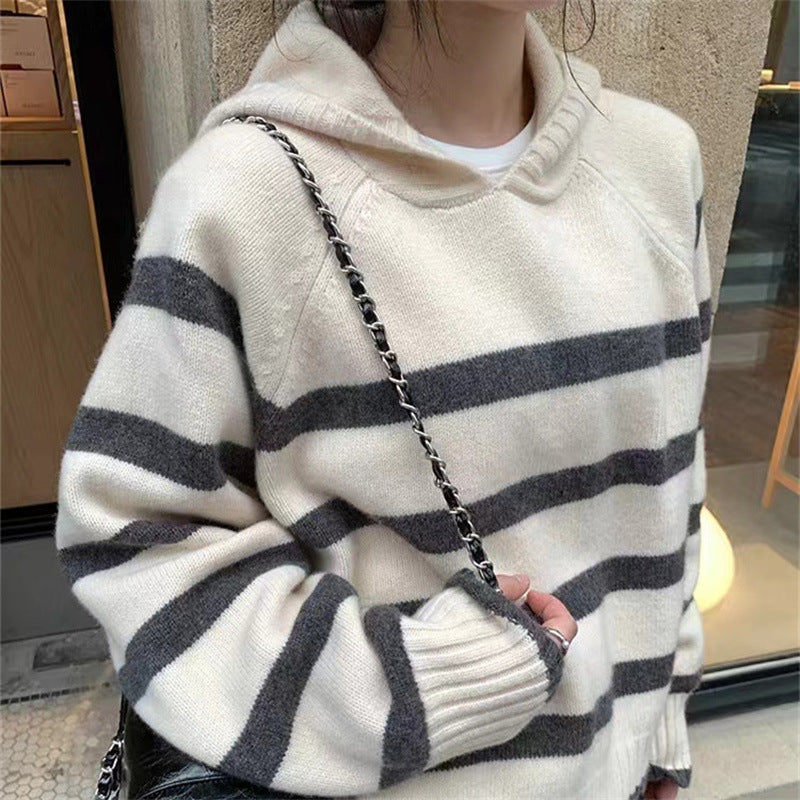 Retro Striped Hooded Sweater Women's Autumn and Winter Lazy Wind Long-sleeved Contrasting Color Knitted Sweater