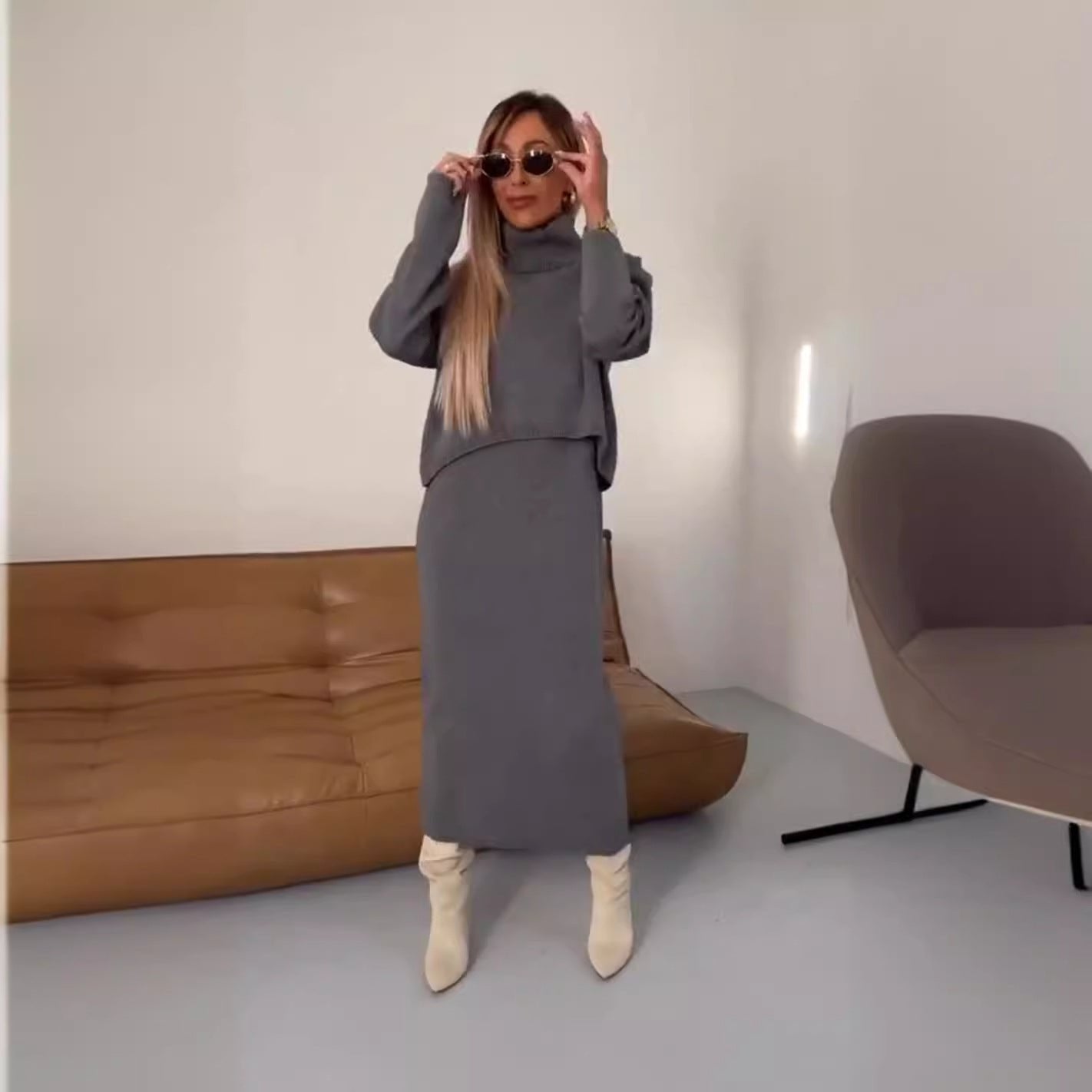 New Sweater Dress Autumn and Winter Turtleneck Long Dress Two-piece Set Solid Color Knitted Dress