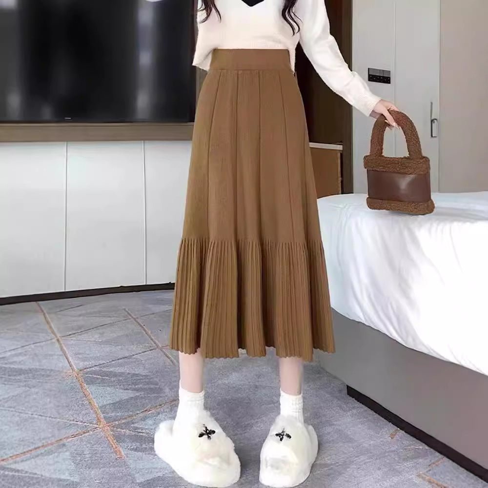 Pleated Knitted Skirt Women's Autumn and Winter New Fashion High Waist Korean Version Casual and Thin Big Swing Skirt A-shaped Skirt Umbrella Skirt