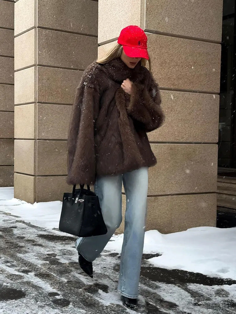 Stylish Faux Fur Jacket Women Warm Teddy Bear Coat Lapel Collar Cozy Fall Winter Outerwear