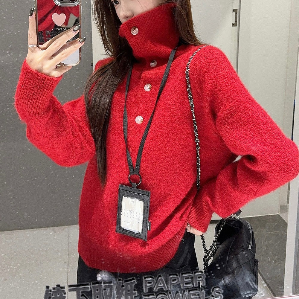 Design Sense New Year's Turtleneck Red Sweater Women's New Lazy Style Casual Knitted Sweater Women