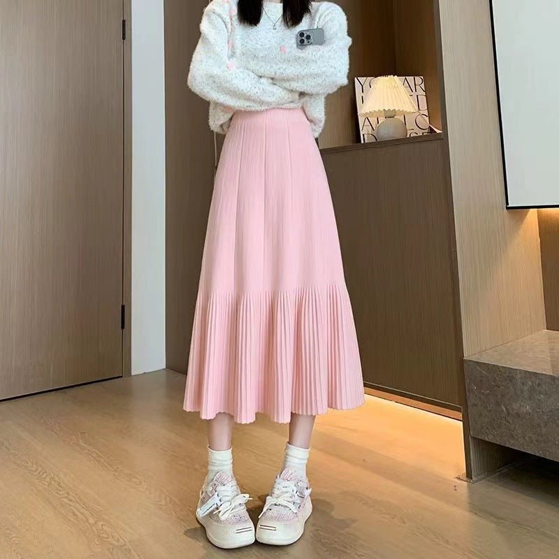 Pleated Knitted Skirt Women's Autumn and Winter New Fashion High Waist Korean Version Casual and Thin Big Swing Skirt A-shaped Skirt Umbrella Skirt