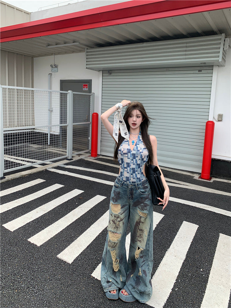 Retro Tie-dye Wasteland Wind Ripped Wide-leg Jeans Women's Summer Design Sense High Waist Thin Straight Mopping Pants