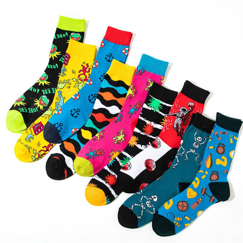Male Medium Tube Personality Pattern Men's Animation Women's Wholesale Socks Long Tube Comic Film Socks-5PRS