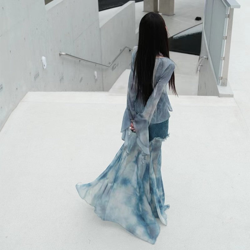 Summer New Retro Top Women's Pure Desire Blue Gradual Change Tie-dye Ruffle Leaf Edge Streamer Horn Sleeve Shirt