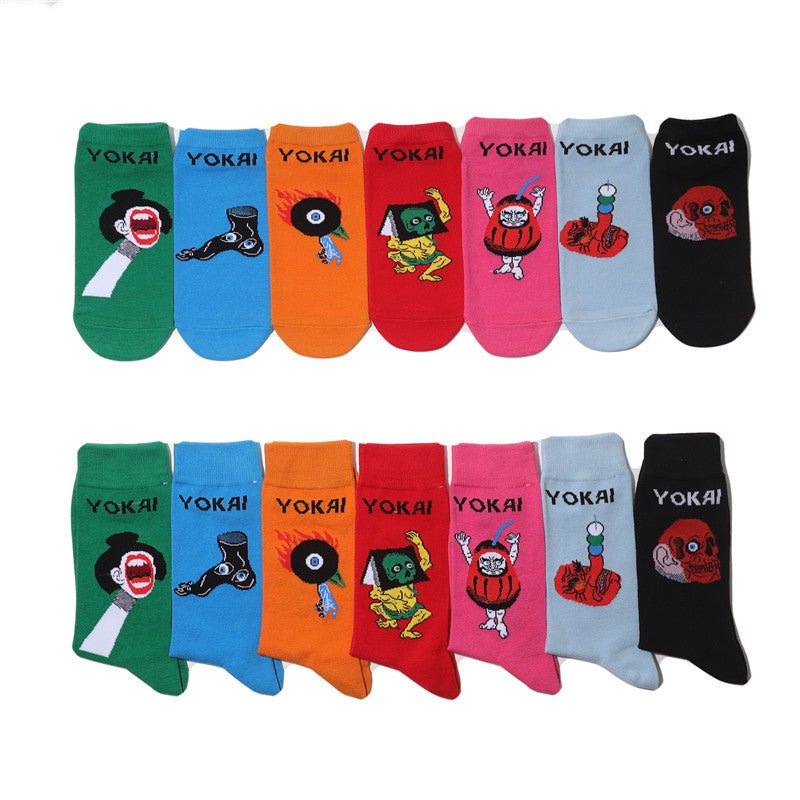 Male Japanese Monster Animation Socks Female Cotton Monster Story Sock Cartoon Personality Trend Boat Socks-5PRS