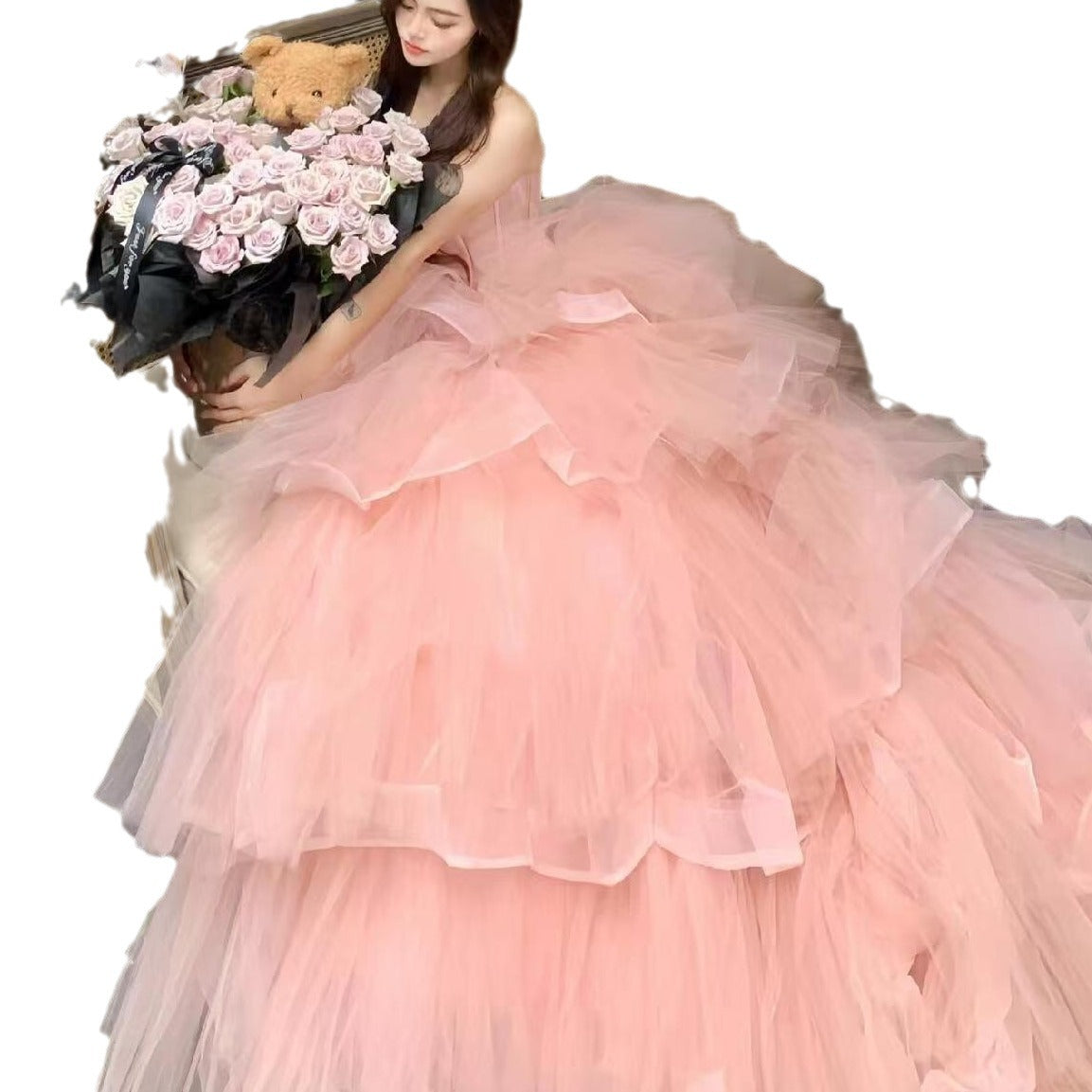 Pink Evening Dress Women's High-end Tube Top Light Wedding Dress French Banquet Light Dress Adult Dress Trailing Princess Dress