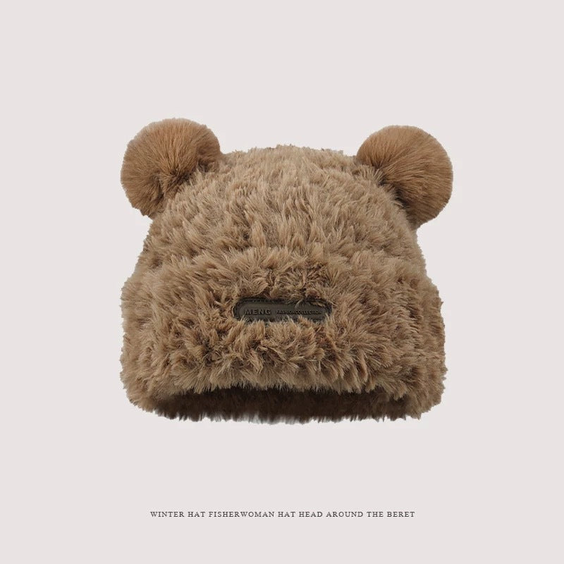 Cute bear wool hat female winter 2024 popular plush warm fluffy autumn and winter big head circumference knitted hat
