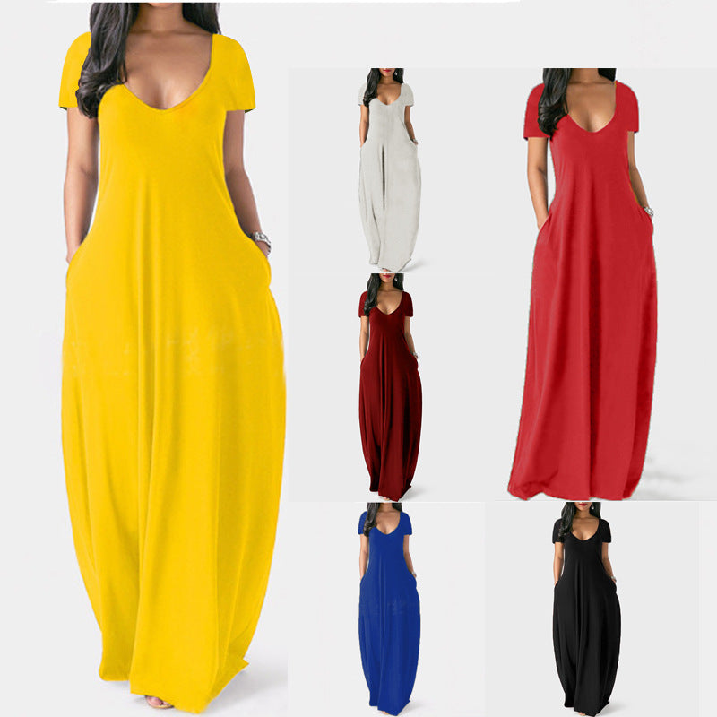 Summer Trending Plus Size Solid Color Maxi Dress - Sexy Deep V-Neck Short Sleeve