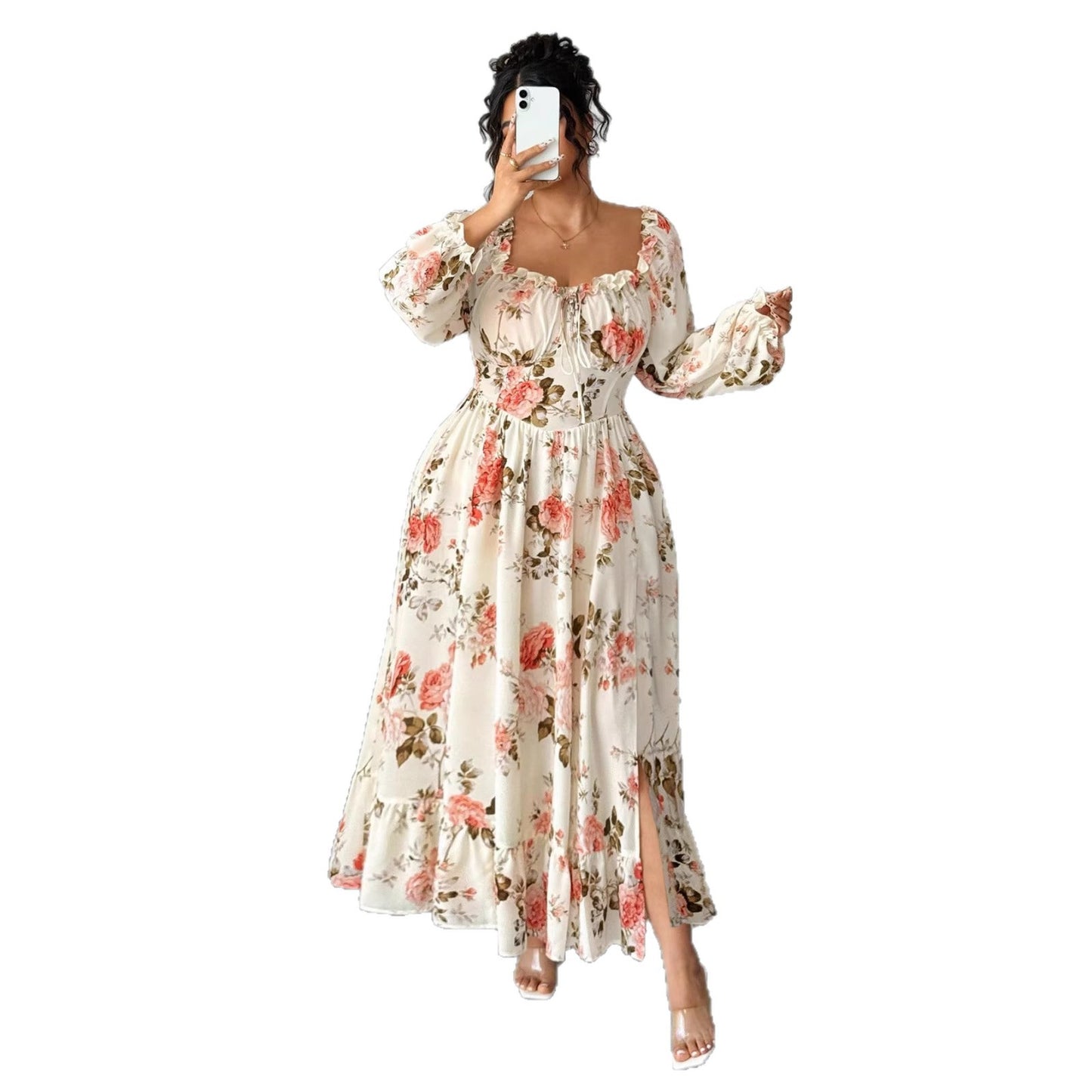 Dark Academia Floral Dress: Square Neck, Bubble Sleeves, High Slit | Vintage Elegance