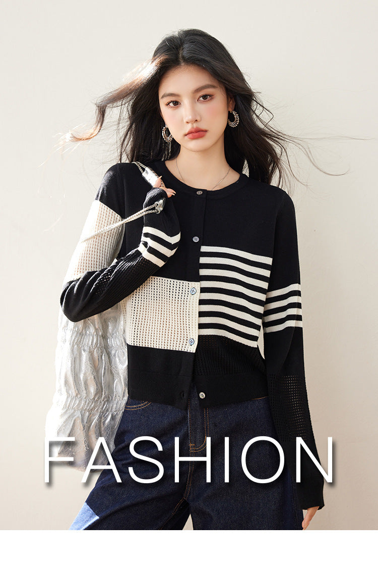 Spring New Korean Lazy Niche Irregular Hollow Texture Striped Crew Neck Cardigan Knitted Top Women