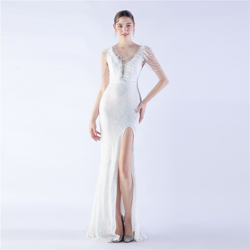 Luxe Feather & Sequin Maxi Gown | Heavy Beadwork