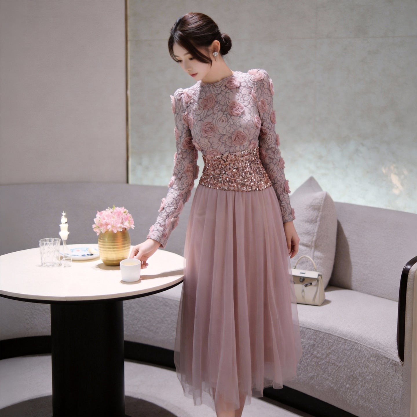Women’s French-Inspired 3D Floral Sequin Mesh Waist Dress, Elegant Spring & Autumn Party Dress