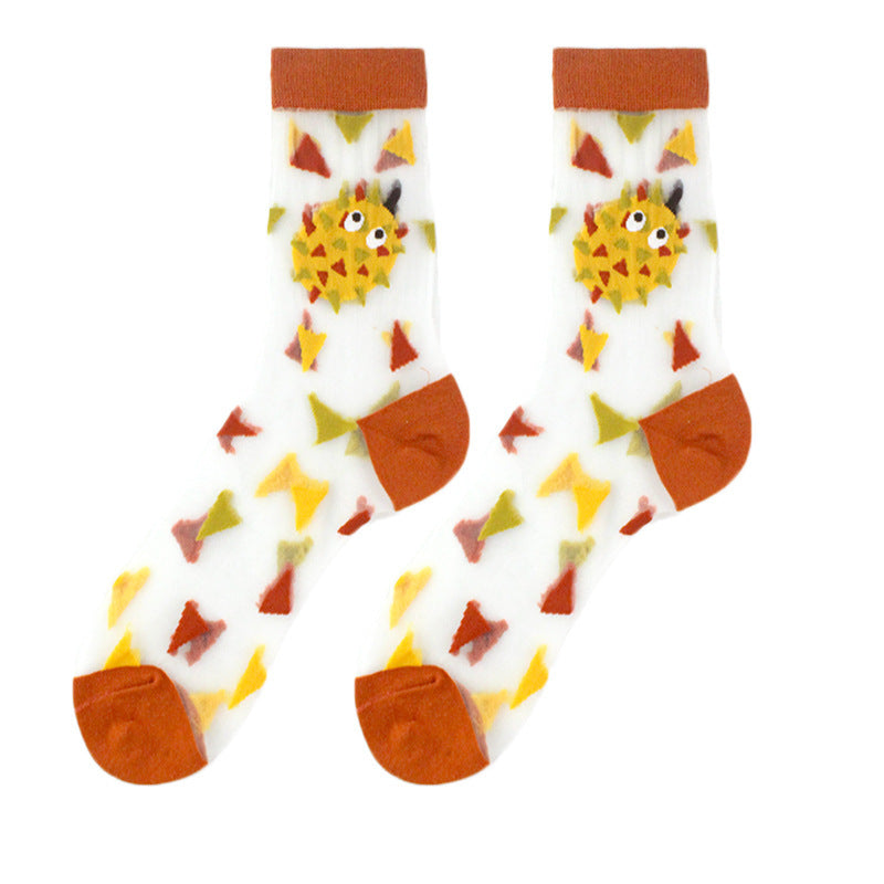Spring and Summer Women's Socks, Thin Medium Tube Fashion Trendy Socks, European and American Style Flower Glass Stockings