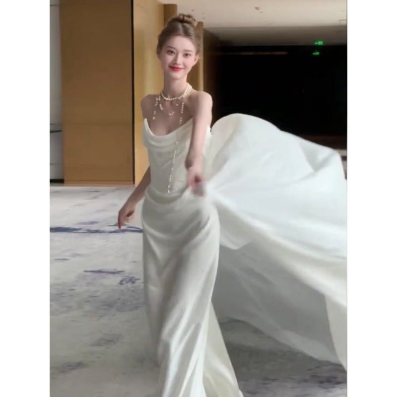 Light Wedding Dress White Trailing Wedding Bride Toast Engagement Evening Dress High Sense Satin Tube Top Dress Women