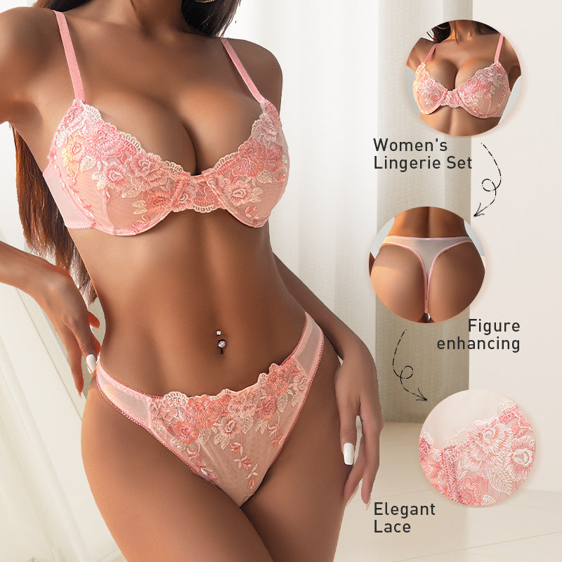 Sheer Lace Push-Up Bra Set - Embroidered Floral Lift & Support