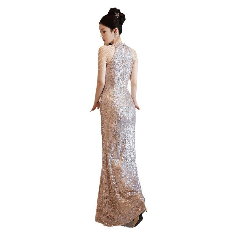 Gala Evening Dress with Champagne Fringe & Sequin Fishtail