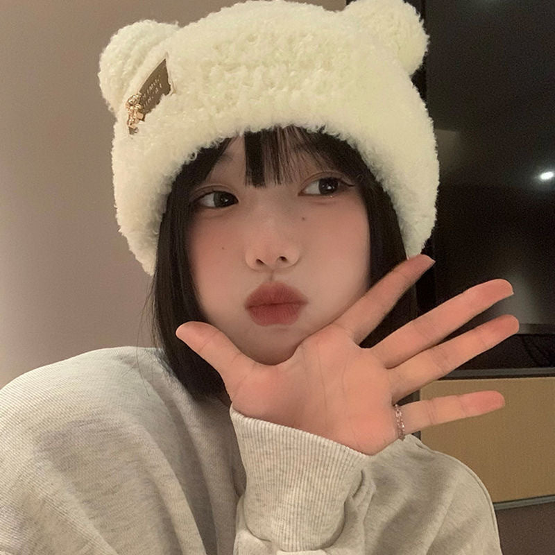 New Knitted Hat Children's Winter Wool Stripes Show A Small Face Plush Warm Thickened Large Head Circumference Ear Protectors Stacking Hat