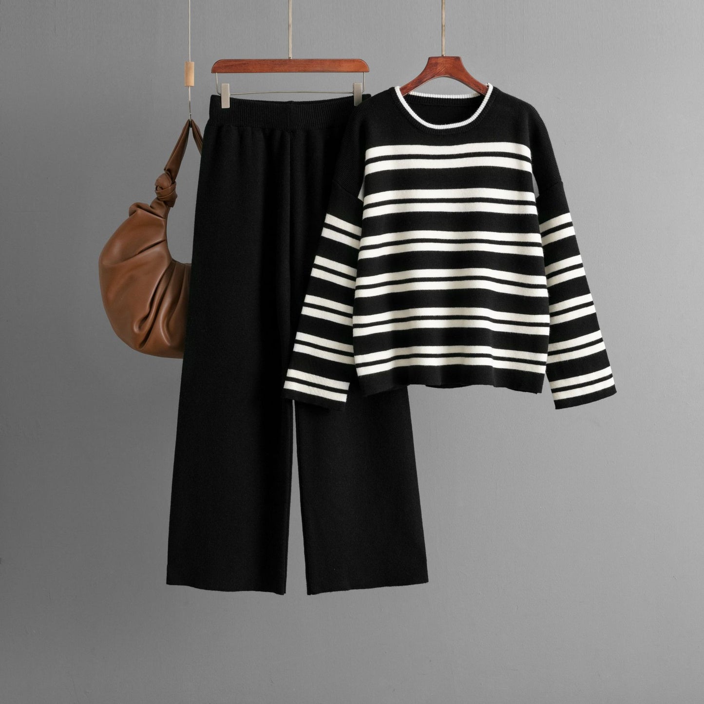 Striped Sweater Set Autumn and Winter 2024 New Loose Fashion Casual Wide-leg Pants Knitted Two-piece Set
