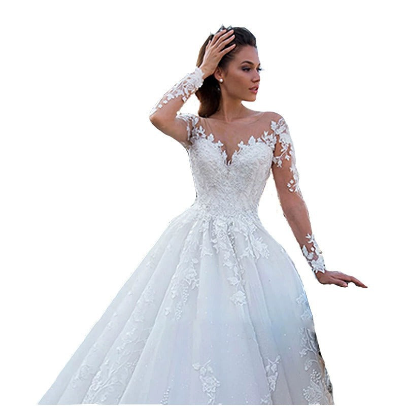 Ethereal V-Neck Wedding Gown | Vintage-Inspired Train & Long Sleeves | Fairy Mori Princess Silhouette
