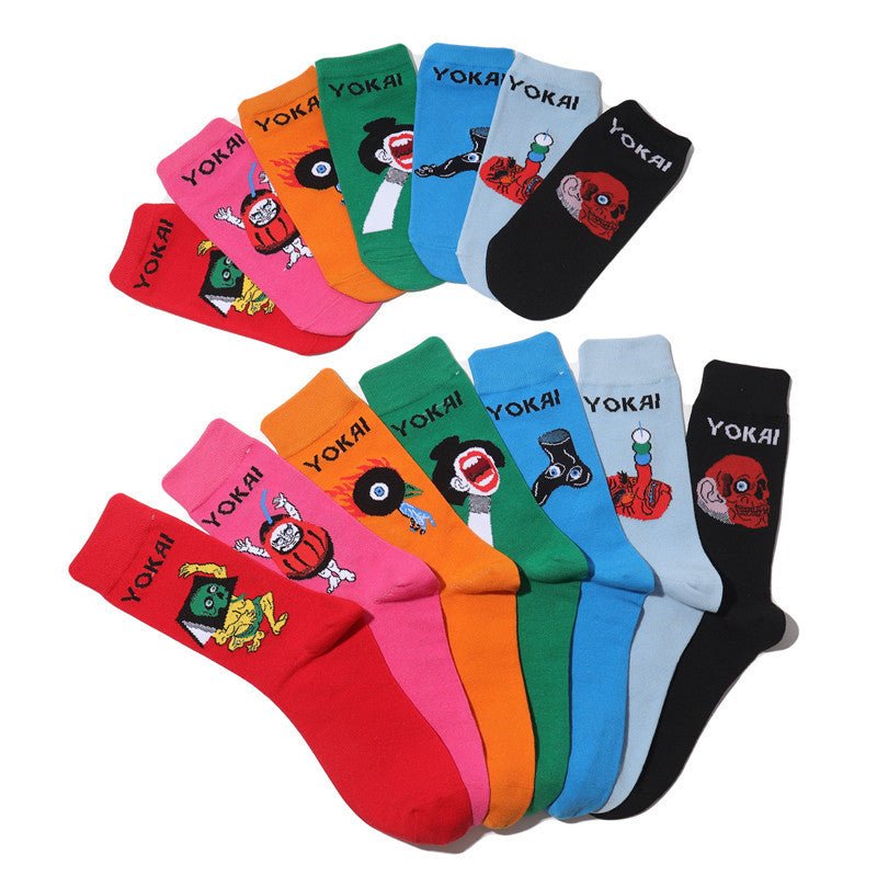Male Japanese Monster Animation Socks Female Cotton Monster Story Sock Cartoon Personality Trend Boat Socks-5PRS