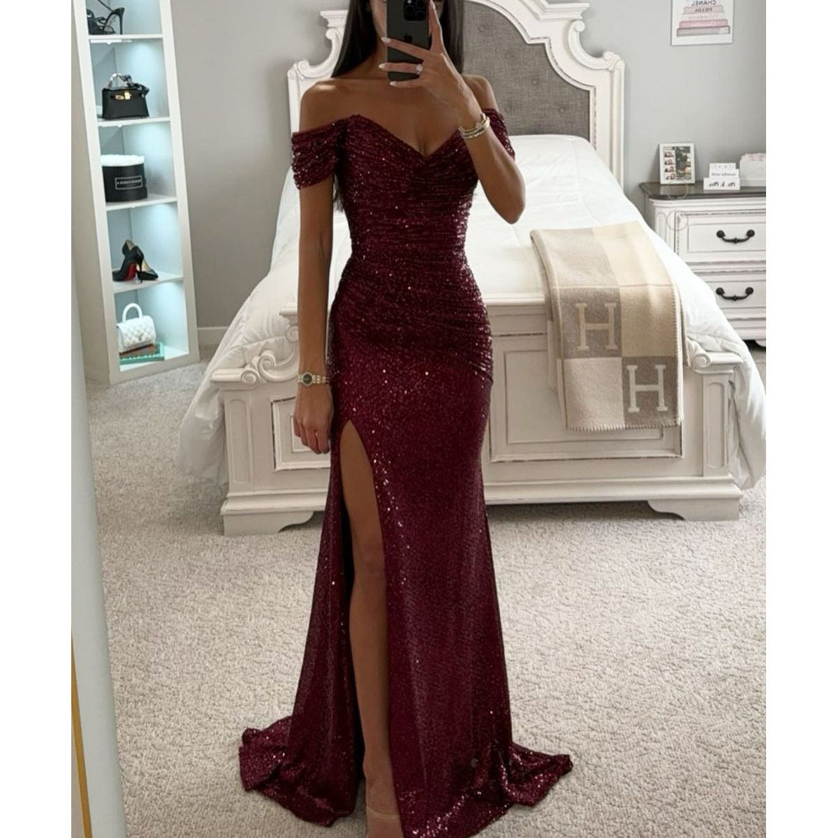 New Party Sequins One-word Collar Split Dress INS Casual Fashion Dress Women
