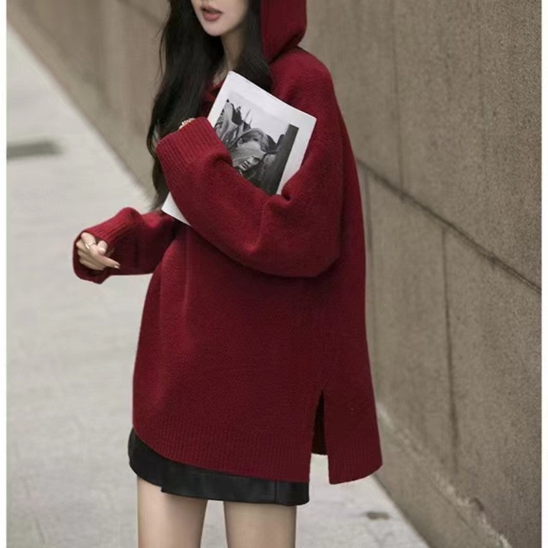 Hooded Hem Split Soft Waxy Knitted Sweater New Medium and Long Loose Pullover Red Sweater