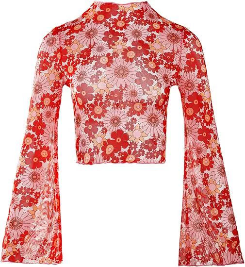 Women's Trumpet Sleeves Top with Lettuce Edging and Flower Mesh - Perfect for Open Navel T-shirt Look!