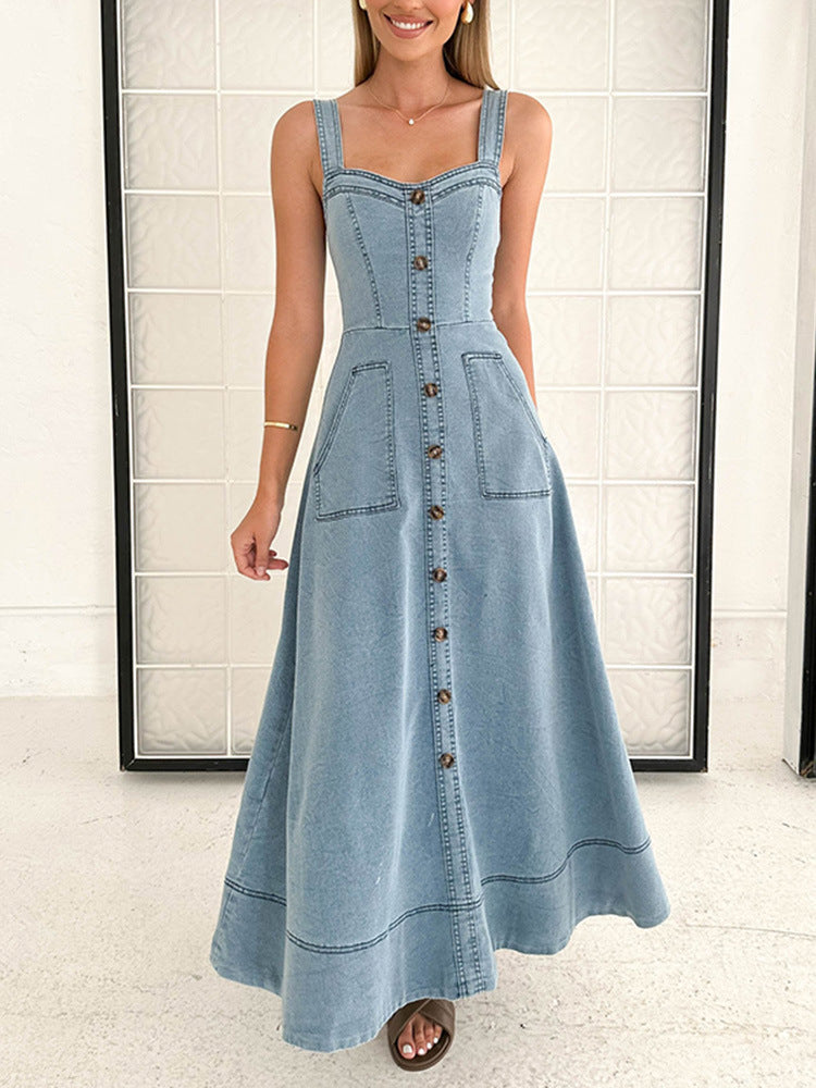 Summer Denim Halter Dress High Waist Long Maxi - Slim Fit Commuting Retro Style