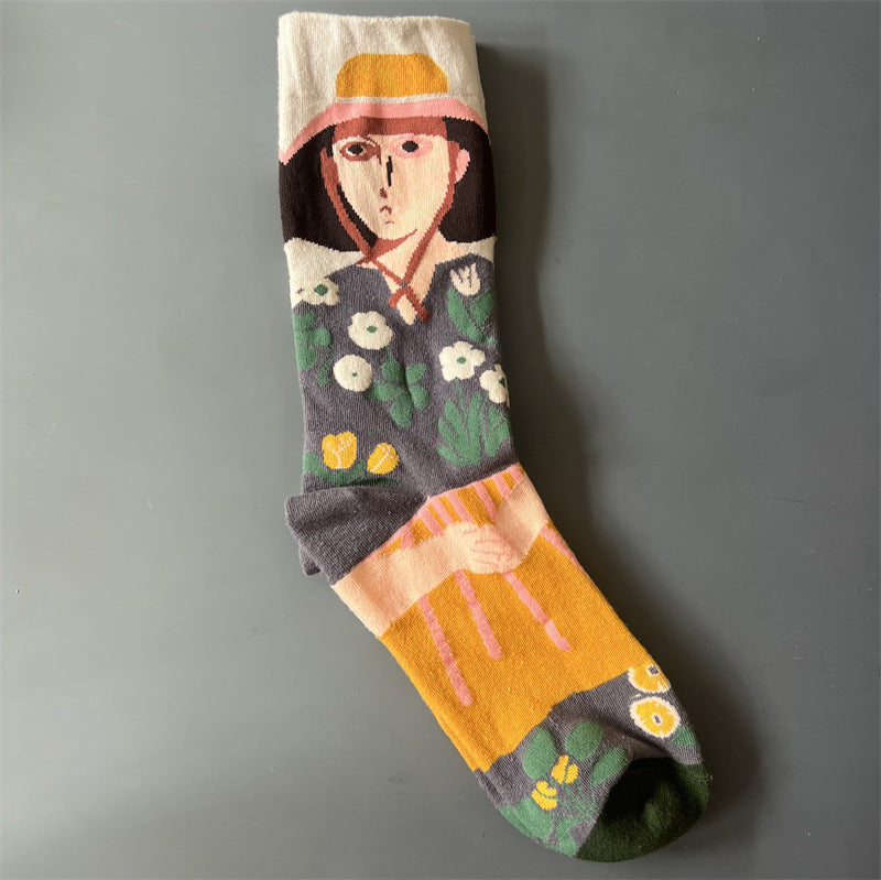 New Product Mid Calf Socks Women Oil Painting Socks Niche Fun Literary and Artistic Color Socks