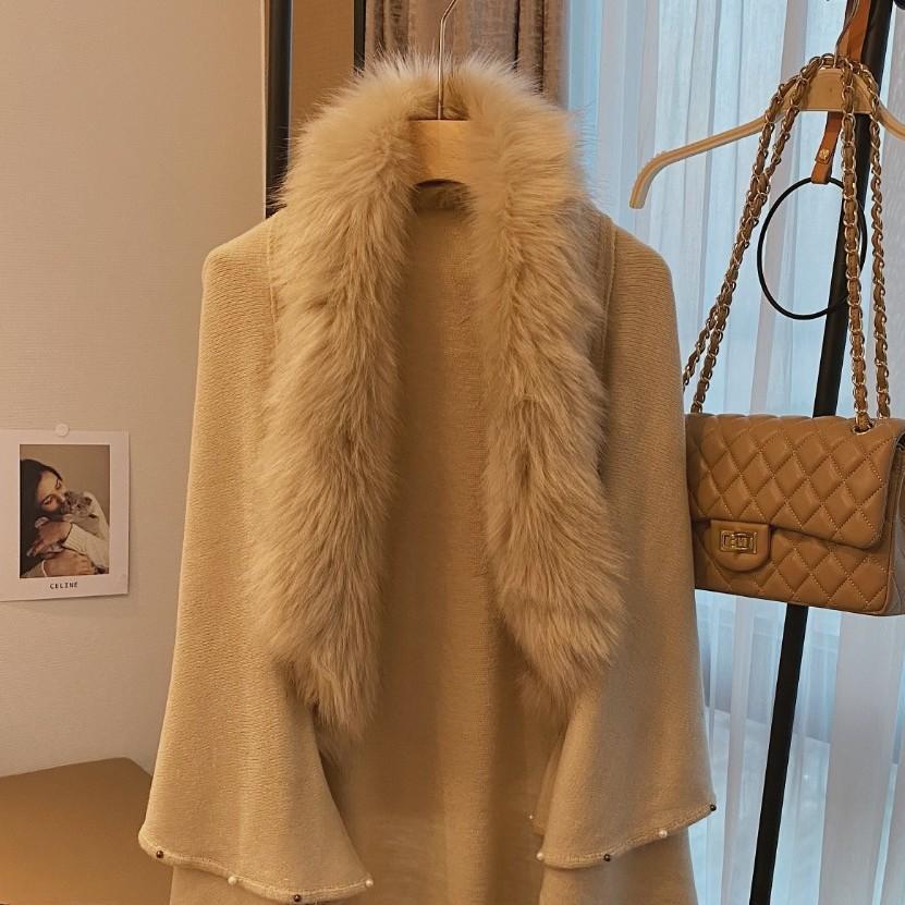 New Imitation Fox Fur Collar Hem Bead Knitted Shawl Cape Large Size Cardigan Loose Coat Women