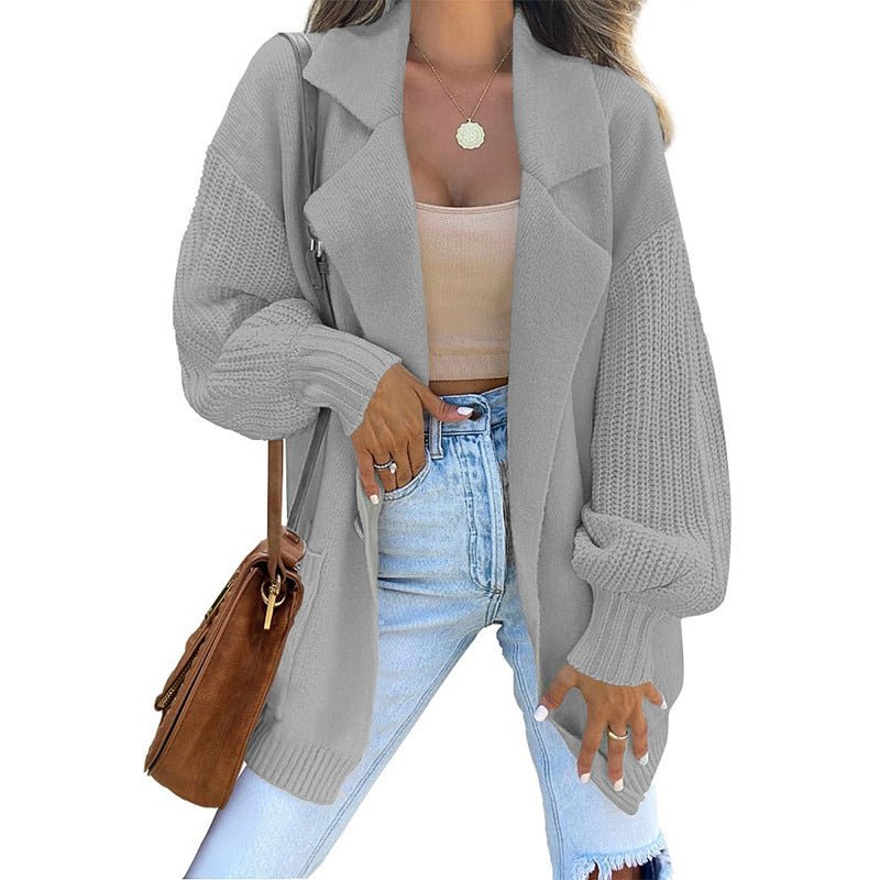 New Sweater Cardigan Solid Color Suit Collar Long Sleeve Knitted Jacket Winter Fashion Sweater
